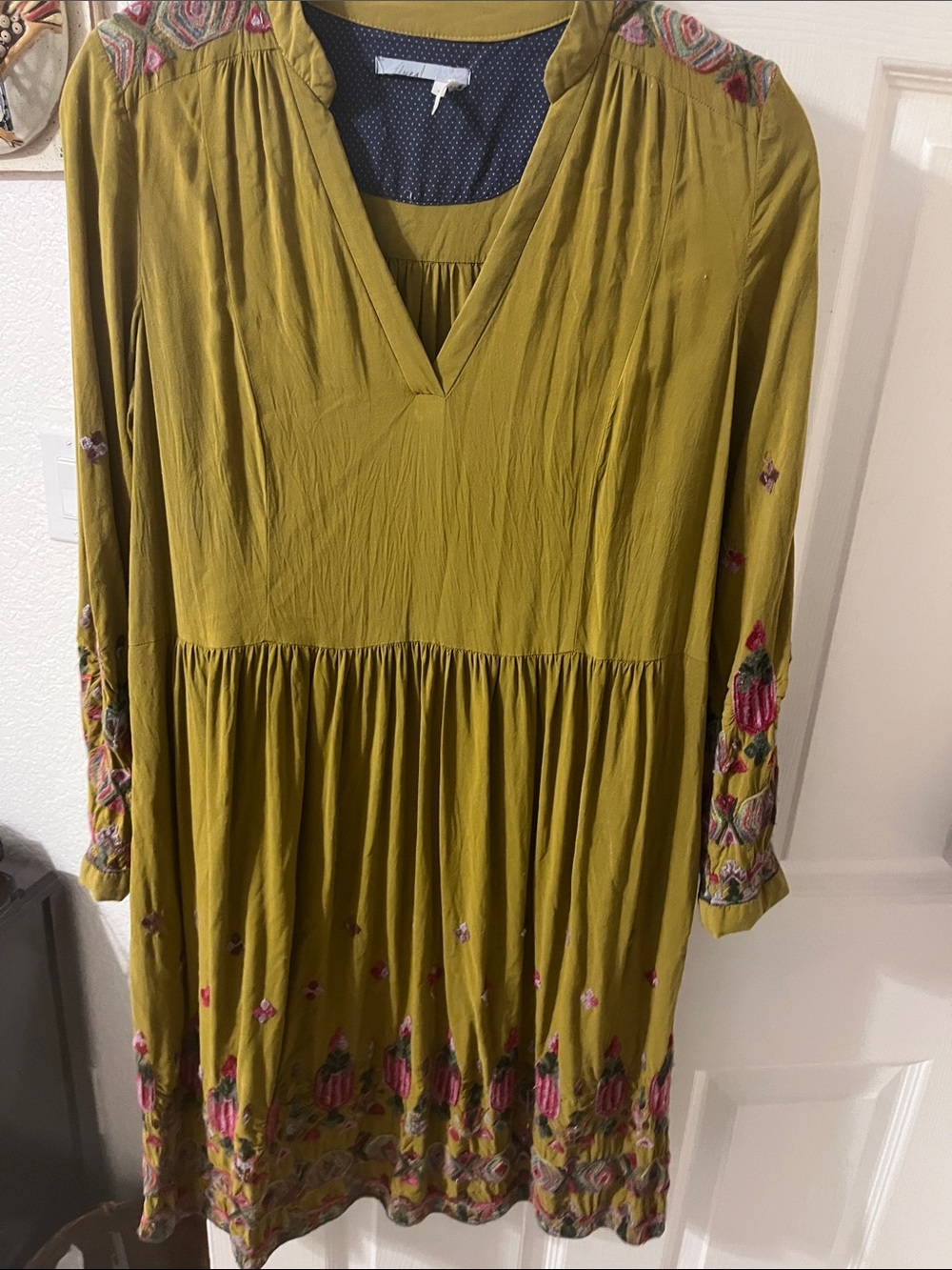 Anthropologie Olive Green Long-Sleeve Embroidered Midi Dress